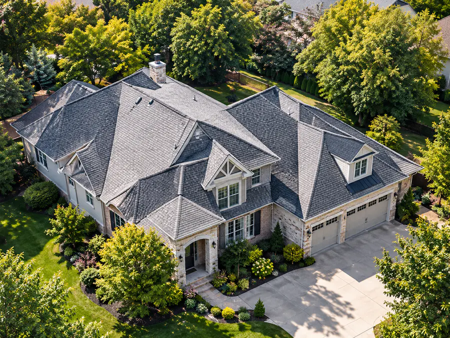 Aerial view of a home and its roof