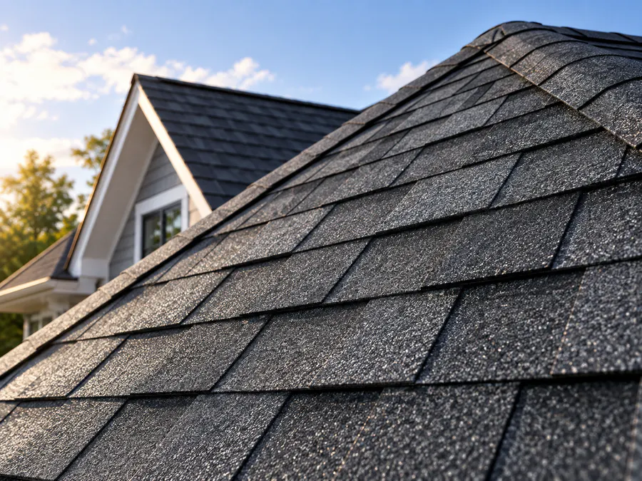 Close-up of architectural shingles on a roof