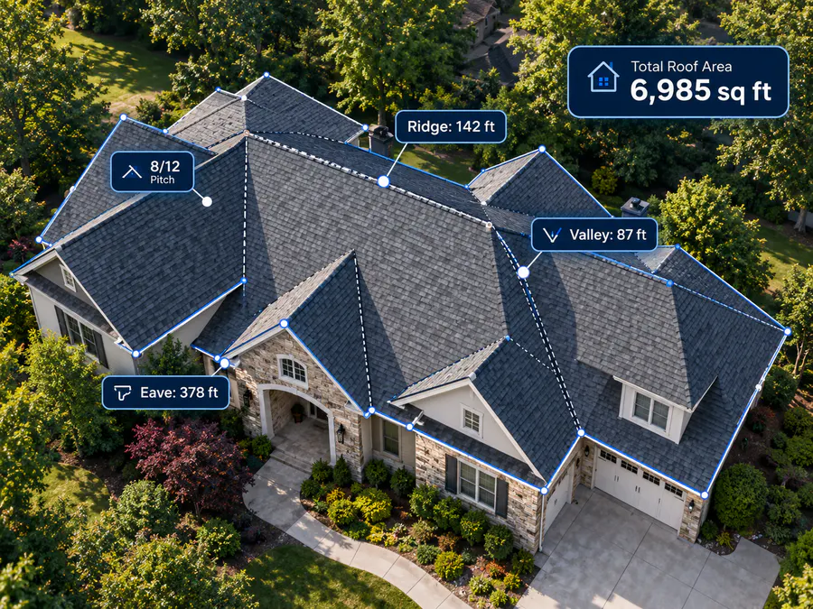 Aerial view of a roof with measurement lines drawn on it