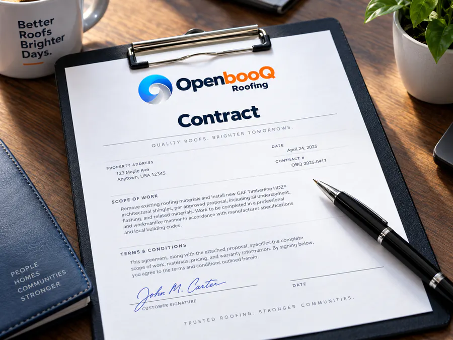 An OpenbooQ Roofing contract on a clipboard with a pen