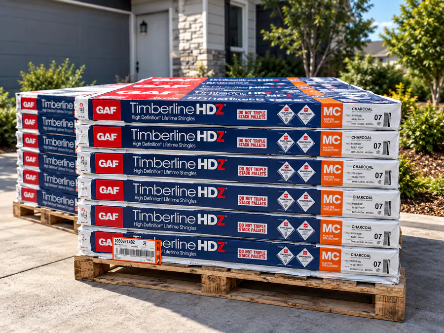Pallets of GAF Timberline HDZ shingles on a driveway