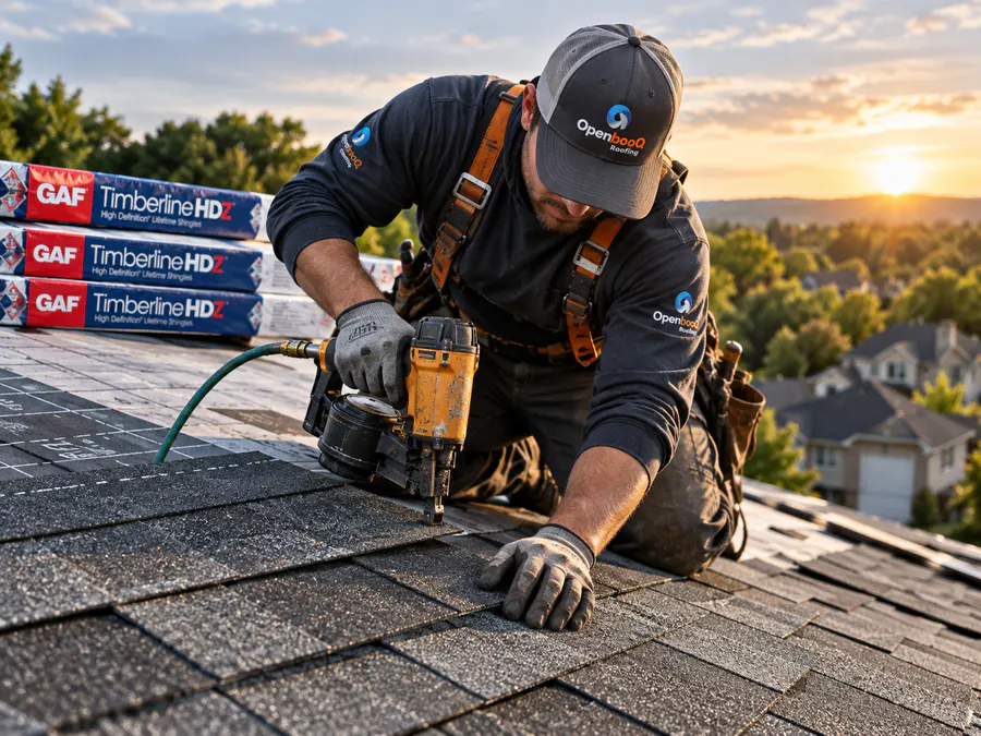 An OpenbooQ Roofing installer nailing shingles at sunset